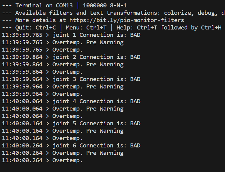 Serial output showing a faulty or missing stepper driver
