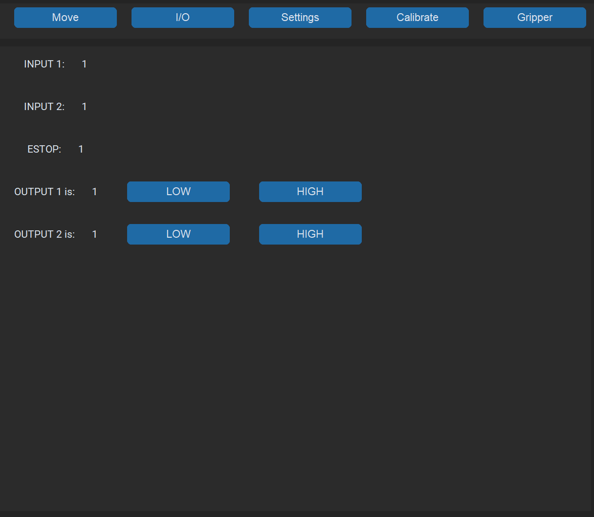 IO tab showing input states and output controls