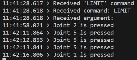 Serial output showing a correctly triggered limit switch